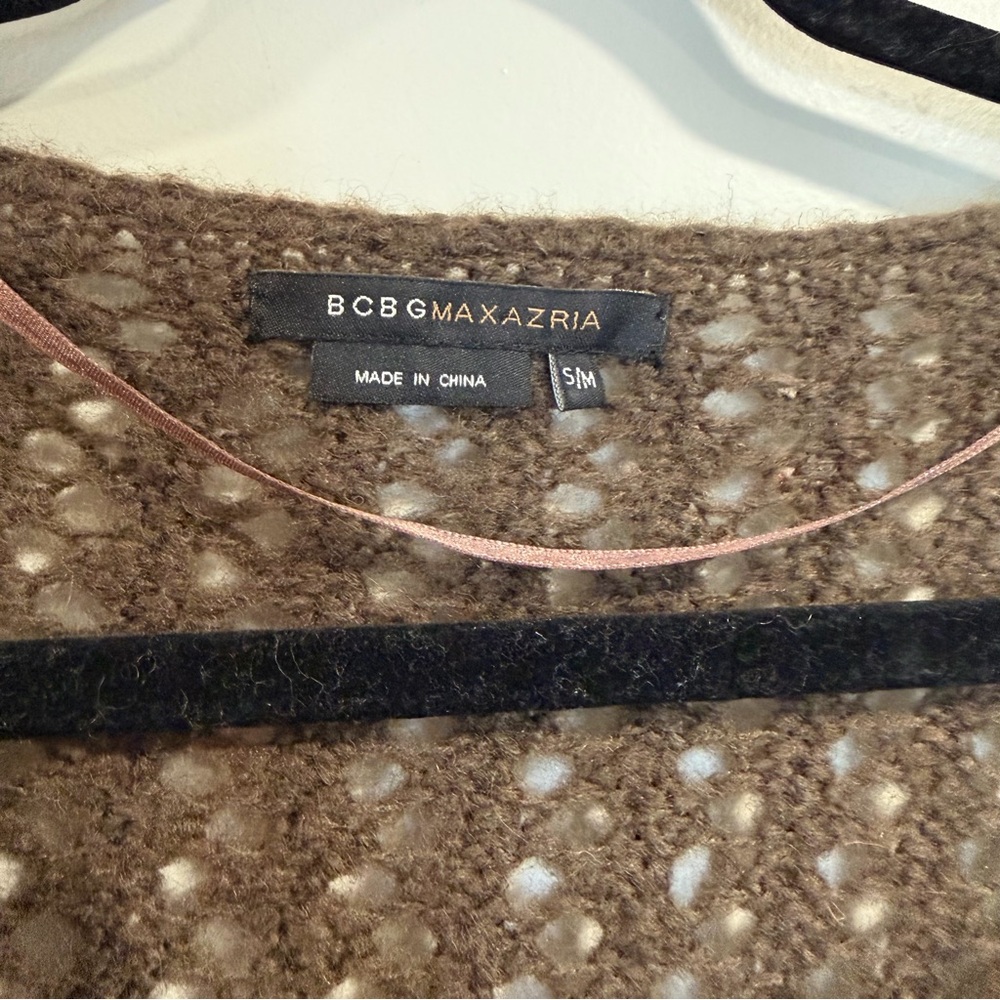 BCBGmaxazria Wool Blend Poncho Sweater Brown Open Knit Front Pockets Size S/M - Picture 3 of 6